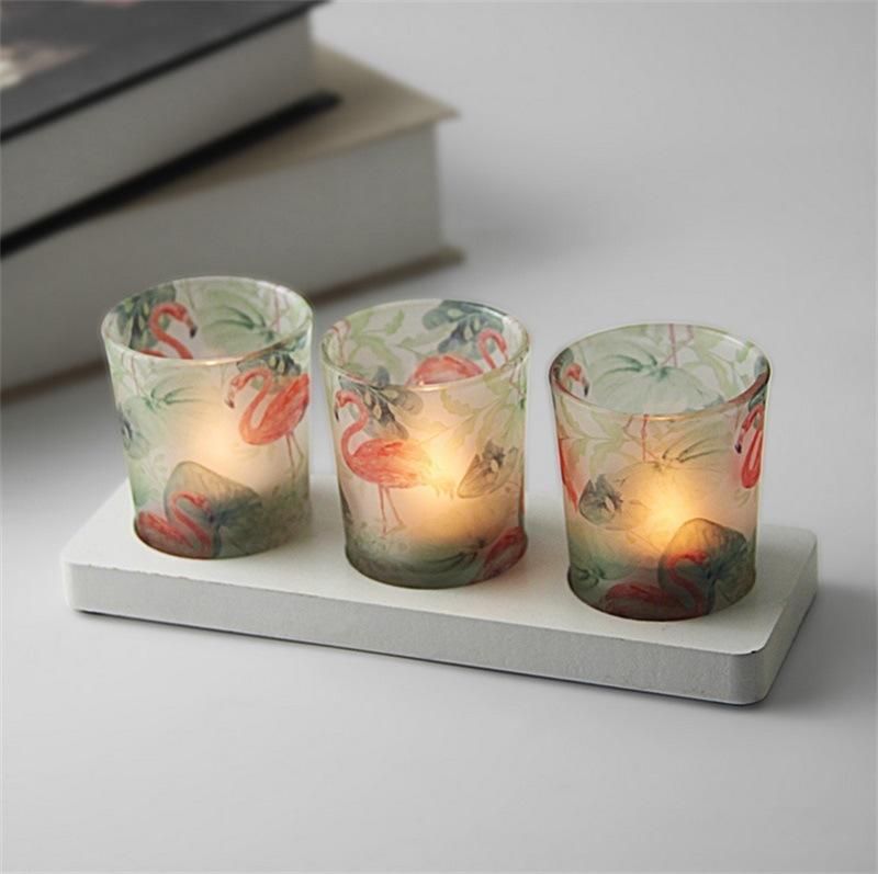 Nordic Blue Printed Wood Bottom Glass Candlestick Modern Romantic Candlelight Dinner Furnishings