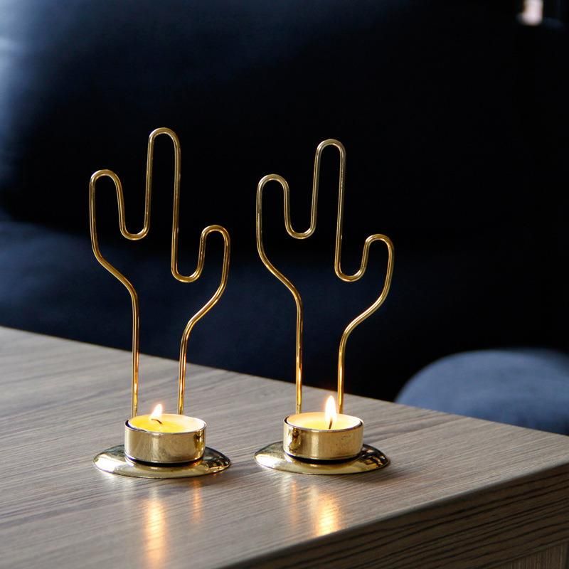 Simple Modern European Home Decoration Desktop Ornaments Golden Metal Cactus Candlestick Candle Cup