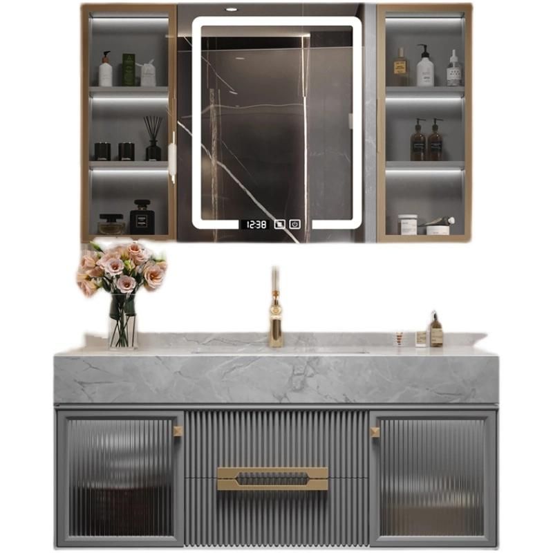 European Style Bathroom Furniture Metal Handle LED Mirror Bathroom Cabinet with Rock Plate Sink