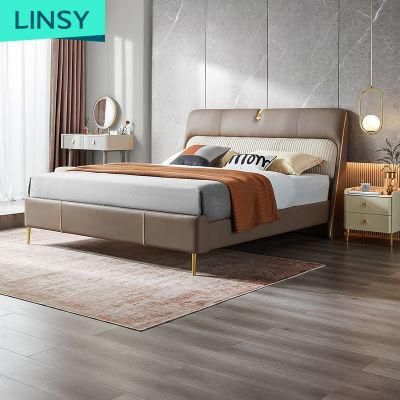 Linsy European Style Genuine Leather Upholstered Beds Luxury Leather Soft Bed R683