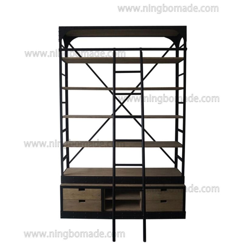 French Classic Provincial Vintage Furniture Light Nature Oak and Black Iron Book Shelf with Ladder