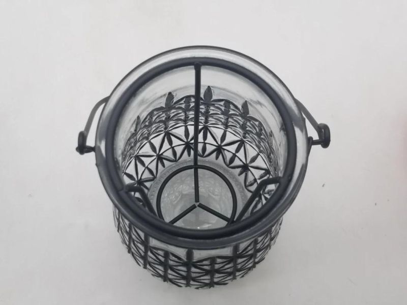 Glass Lantern Candle Holder with Lifting and Iron Shelf Inside