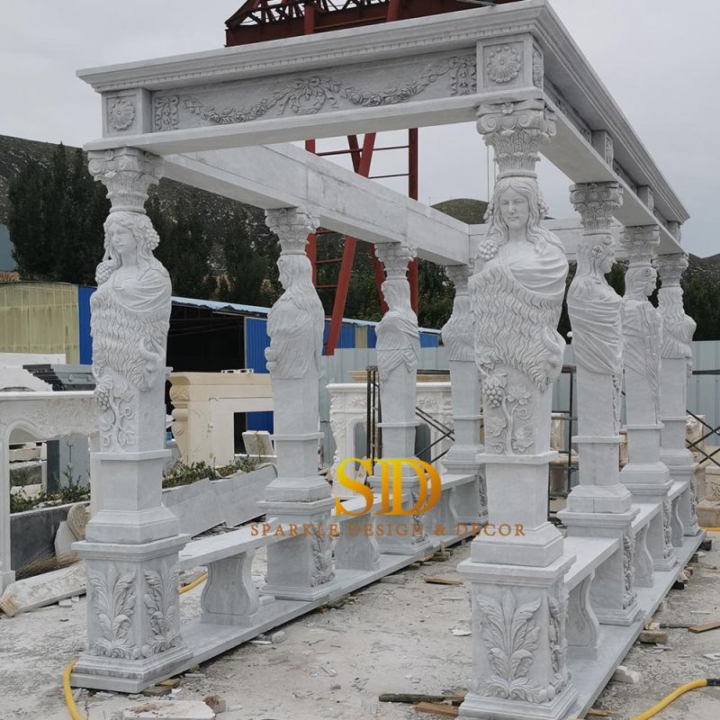 Rectangle Shape European Hand Carved White Marble Gazebo for Sale Large Marble Carving Pavillion for Garden Decortion