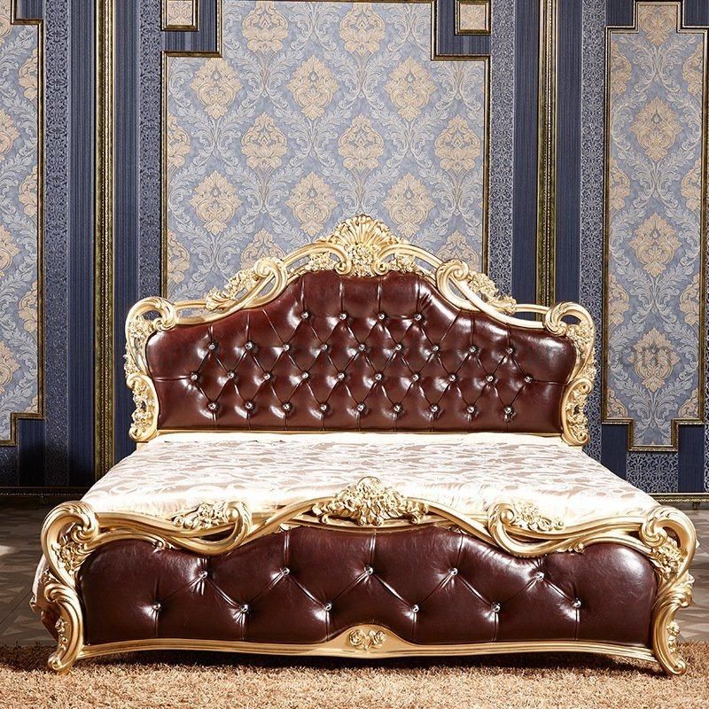 (M-CB78) Luxury Classic European Bedroom Bed Furniture Genuine Leather Wood Bed