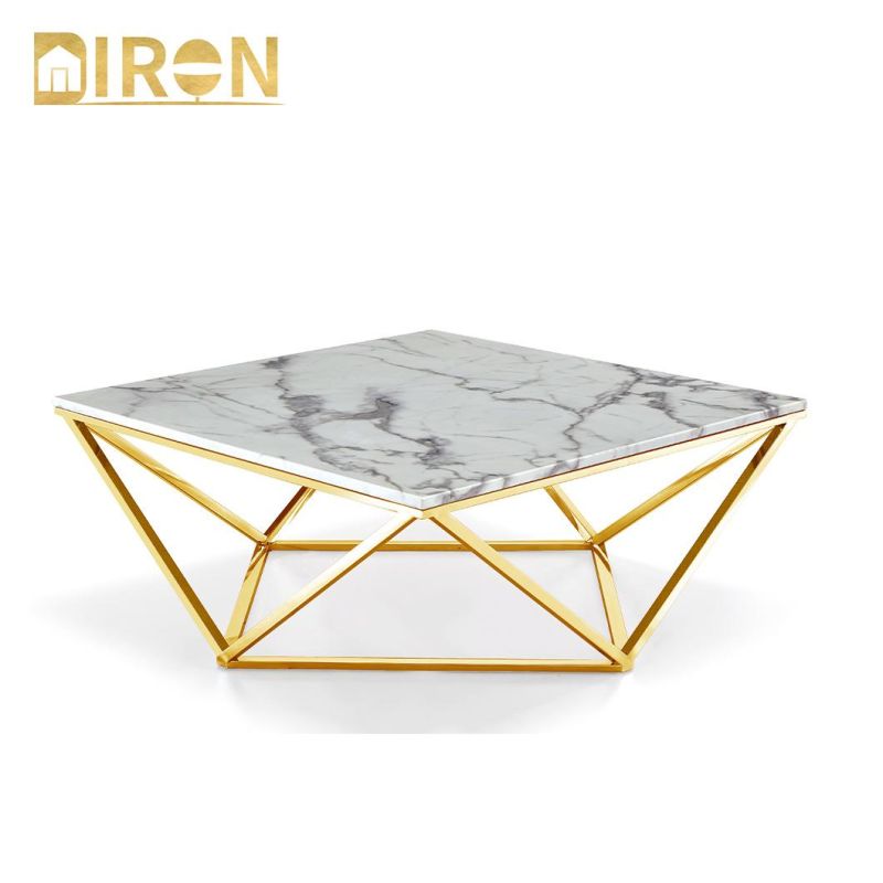 European Design Home Hotel Furniture Marble Coffee Table with Gold Legs