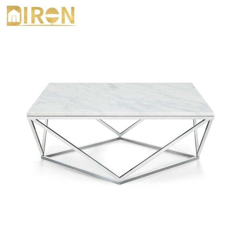 European Design Home Furniture Glass Marble Coffee Table with Stainless Steel Legs