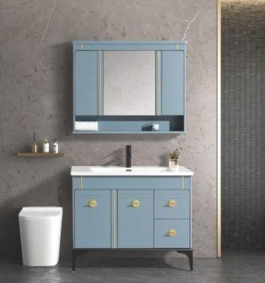 European Style Design Bathroom Furniture Metal Handle LED Mirror Bathroom Cabinet with Ceramic Sink
