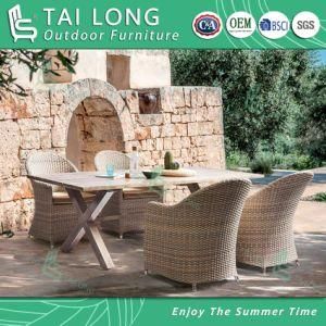 Chinese Outdoor Aluminum Dining Table by Wood Grain Painting Treament Rattan Wicker Dining Chair with Cushion Patio Furniture