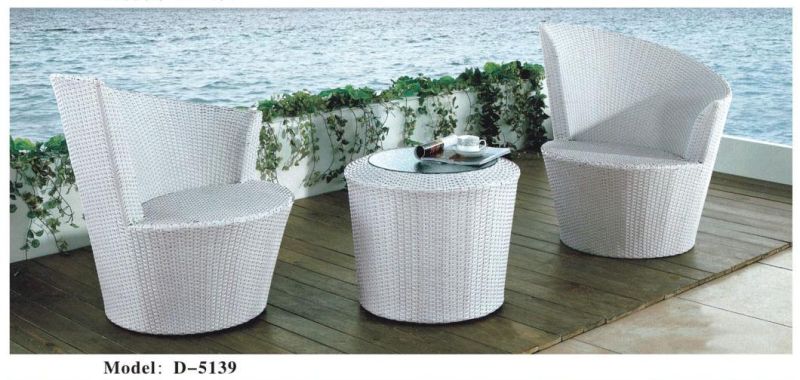 3 Piece Wicker and Table Set with Blue Red Orange Chair Cushion, White Outdoor Rattan Garden Furniture