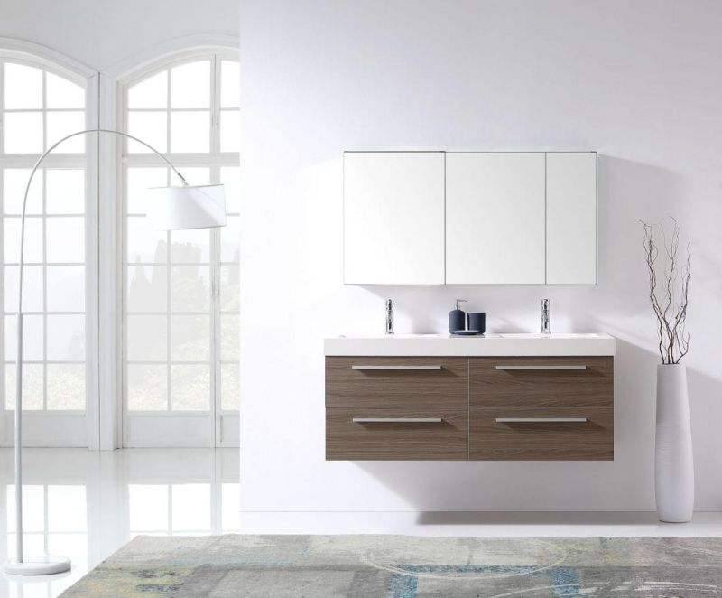 Simple European Classic Hotel or Home Use Plywood Melamine Four Drawers Mirror Cabinet Bathroom Cabinet Vanity Furniture with Double Ceramic or Resign Sinks
