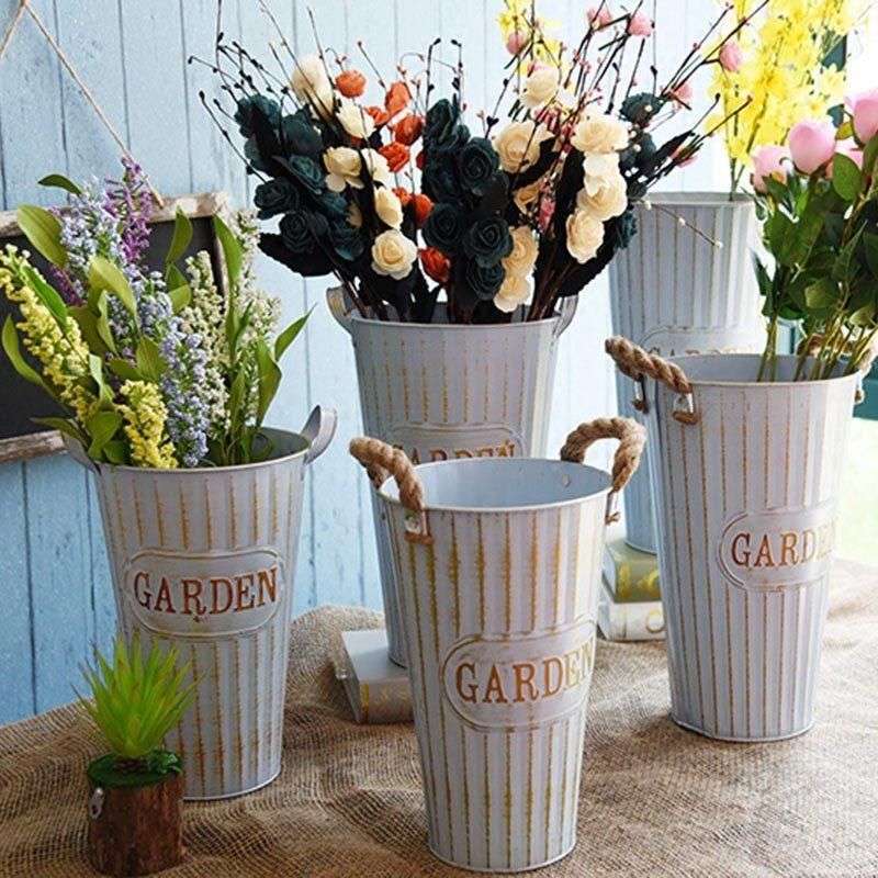 Tin Metal Iron Art Flower Bucket Stainless Steel Vase Plants Pot for Wedding Home Decoration