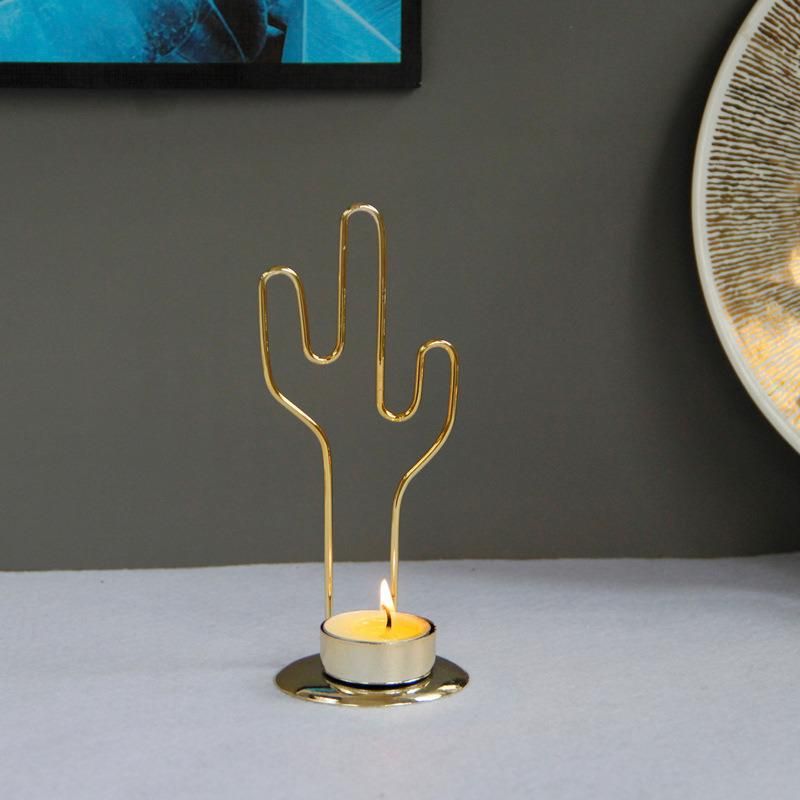 Simple Modern European Home Decoration Desktop Ornaments Golden Metal Cactus Candlestick Candle Cup