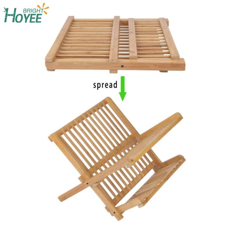 Awesome 2 Tier Natural Bamboo Folding Dish Plate Drying Rack with Drainboard