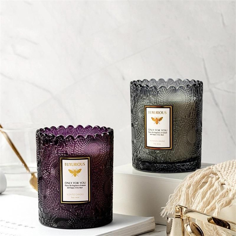 Retro Relief Lace Glass Candle Cup Aromatherapy Candle Cup Color DIY Candle Container Empty Cup Support Logo