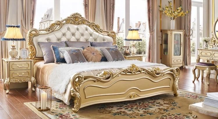 European Classical Wood Carved Leather Upholstery Bedroom Set Home Bed