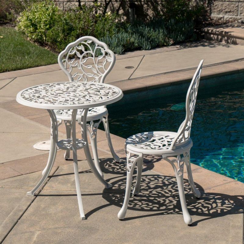 White Cast 3 Piece Bistro Outdoor Patio Set Leaf Design Weather Resistant Round Table 2 Chairs Garden Furniture