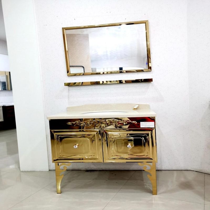 European Luxury Mosaic Mirrored Stainless Steel Floor Bathroom Furniture Cabinet