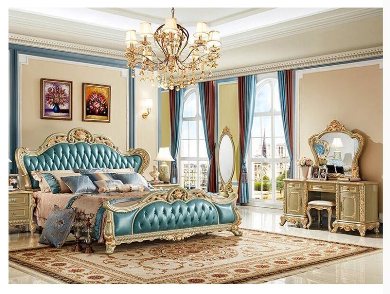 Luxury Design Gold Leaf Carving King Size Bed/ European Classic Royal Luxury Golden Wooden Bedroom