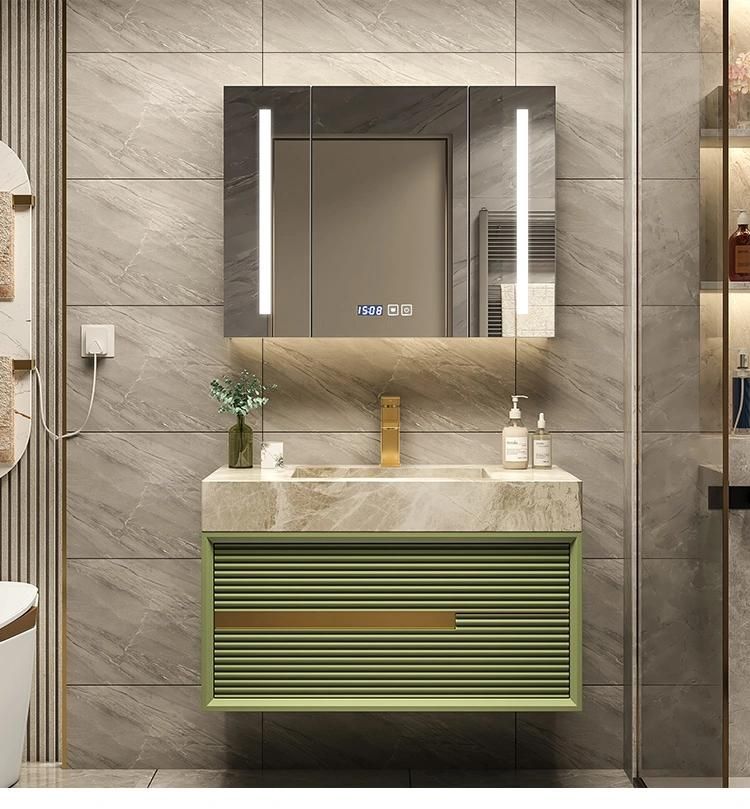 2022 European Style Bathroom Furniture Metal Handle Mirror Bathroom Cabinet Good Quality Bathroom Vanity with Rock Plate Sink