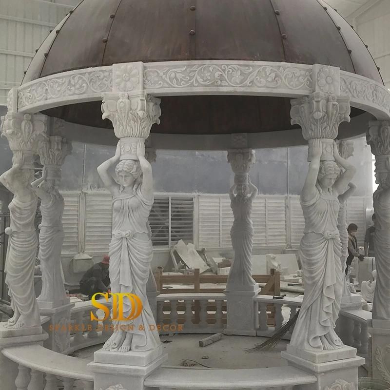 European Style Hand Carving White Marble Gazebo Marble Pavillion with Top Dome for Garden Decoration