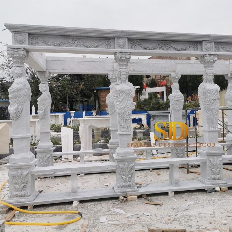 Rectangle Shape European Hand Carved White Marble Gazebo for Sale Large Marble Carving Pavillion for Garden Decortion