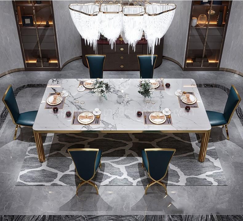 Stainless Steel Furniture Luxury Marble Dining Table with 6 Chairs