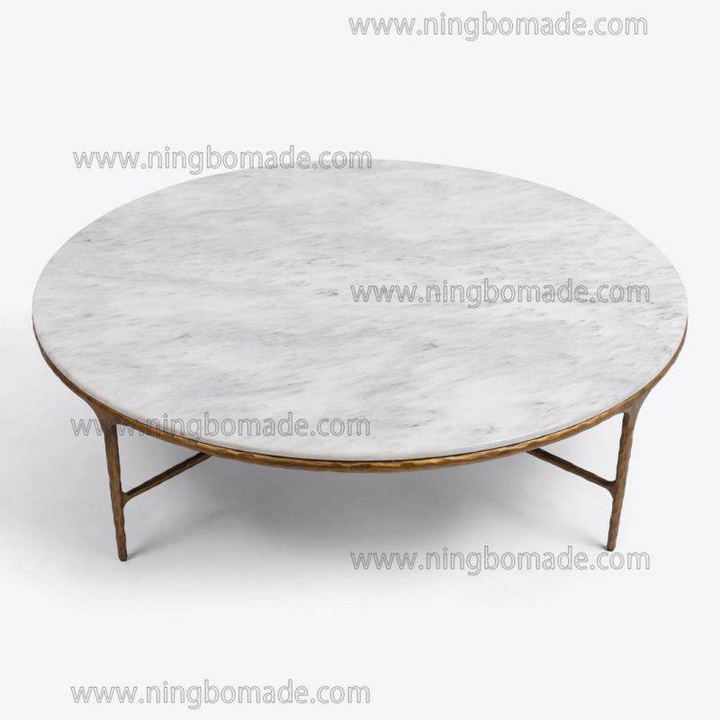 Rustic Hand Hammered Collection Furniture Forged Solid Iron Metal with Brass Color Thick White Marble Round Coffee Table