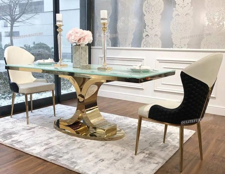X Shape Stainless Steel Golden Legs Glass Top Dining Table
