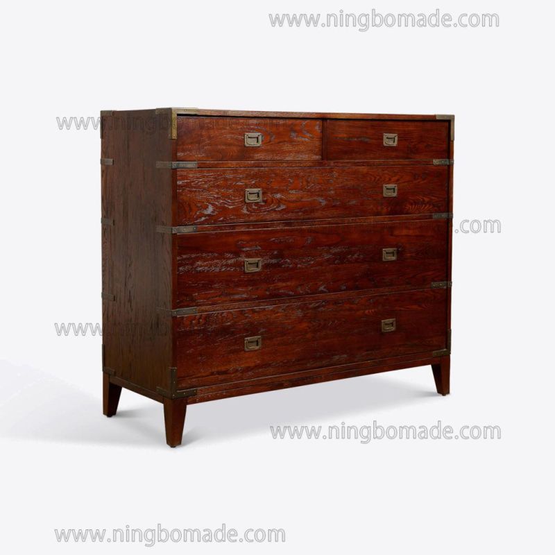 Hot Sale Chinese Classic Style Furniture Waxed Brown Oak Antique Brass Color Metal 5 Drawers Chest Cabinet