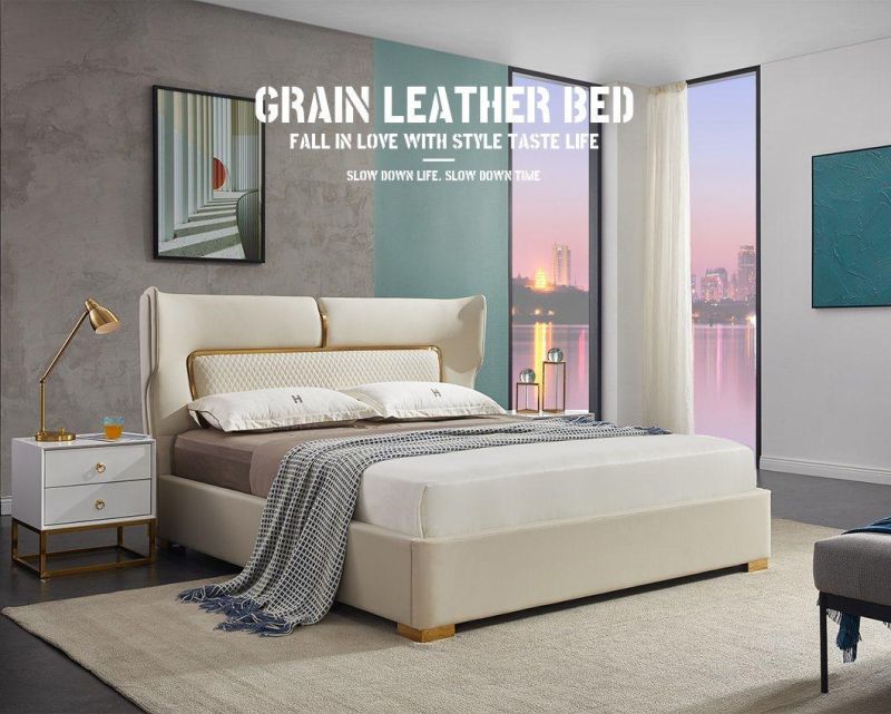 Grain Leather Bedroom Solid Wood Leather Bed