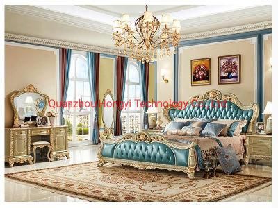 Luxury Design Gold Leaf Carving King Size Bed/ European Classic Royal Luxury Golden Wooden Bedroom