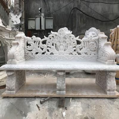 Garden Statuary Decoration Natural White Marble Stone Bench with Back