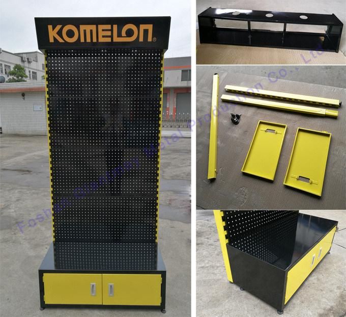 Metal Perforated Hardware Tools Display Shelf Stand with Light Box Header