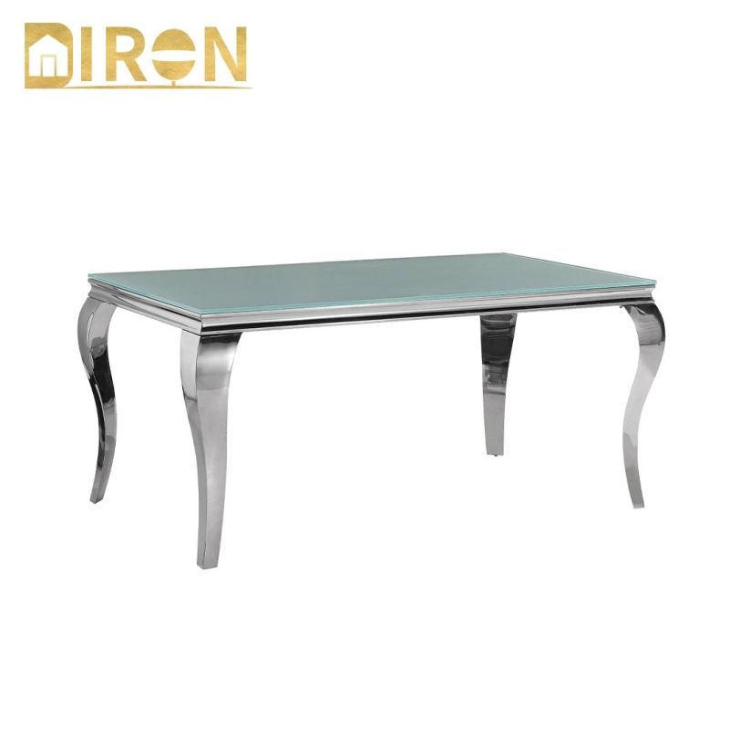 Factory Direct Sell Modern European Glass Marble Top Dining Table with Stainless Steel Legs Modern Home Furniture
