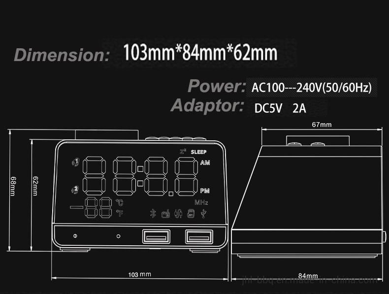 2019 Fashion Desk and Table Clock with Blue Tooth 4.2 Built in and Dual Alarm FM Radio Speaker Dual USB Charging Week and Temperature Display