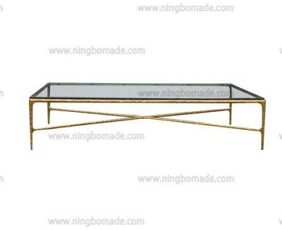 Rustic Hand Hammered Collection Furniture Forged Solid Iron Metal with Brass Color Thick Tempered Glass Rectangle Coffee Table