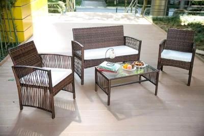 4 PCS Rattan Patio Furniture Set Wicker Conversation Set Garden Lawn Indoor Outdoor Sofa Set Cushioned Seat (Brown)