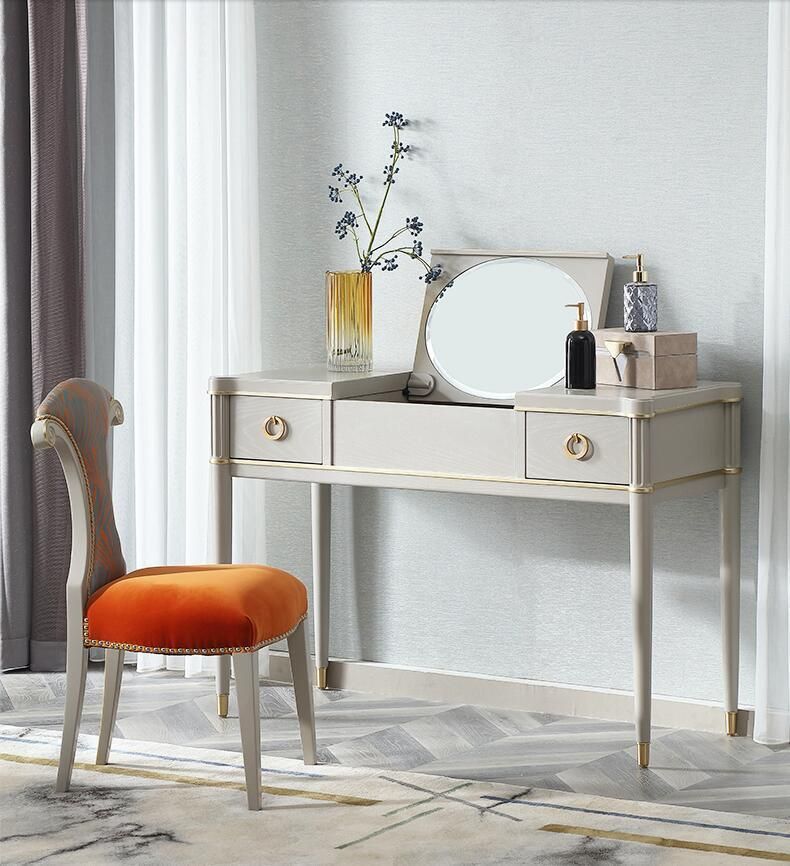 European Light Luxury Metal Frame Wooden Dressing Table with Mirror and Stool in Dressers with Drawers Bedroom Furniture