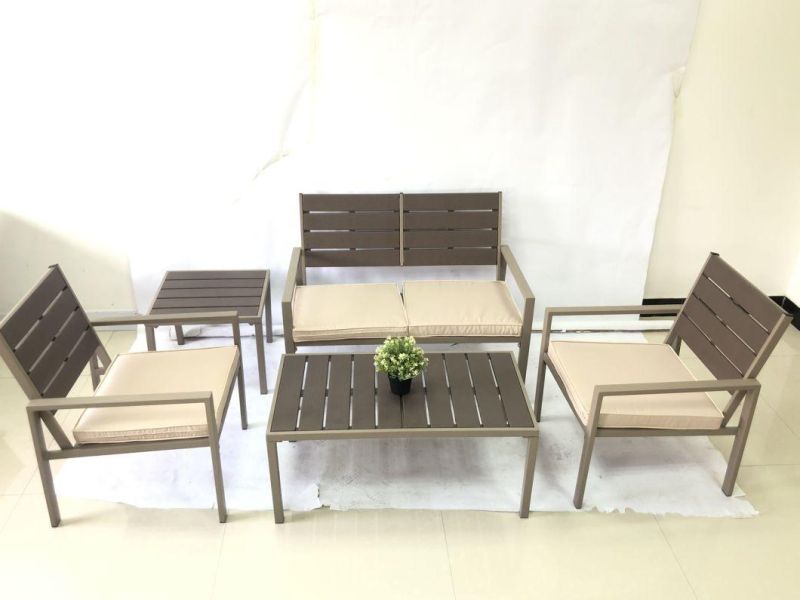 Factory Leisure Hottest Sales European Style Garden Sofa Sets Modern Set in Patio for Hotel Steel Frame PE Table Chair Top in Wood Grain Patio Sofa Set in Villa