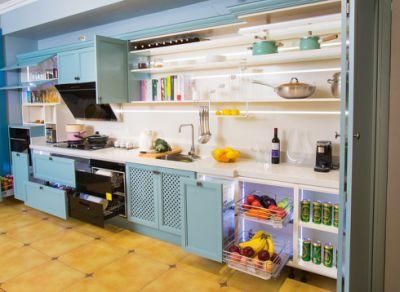 Macaron Color Kitchen Furniture with Pull out Wire Baskets Kitchen Cabinet Larder Cupboards