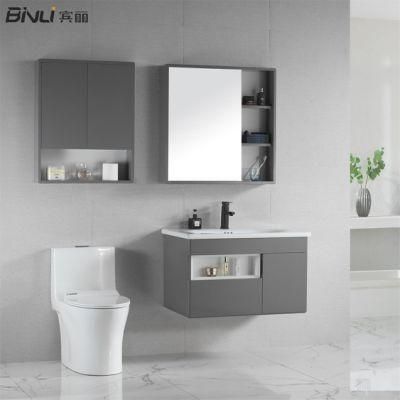 European Style Grey PVC Cover Paint Free Hotel Bathroom Wall Mounted Vanity Cabinets