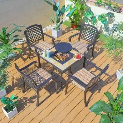 Backyard Balcony Furniture Garden Table Set, Outdoor Cast Aluminum Marble Square Table with Chairs