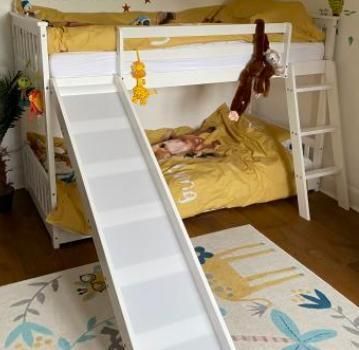 Kids Bedroom Furniture with Ladder, Slide, Pine Solid Wood Frame Bunk Bed