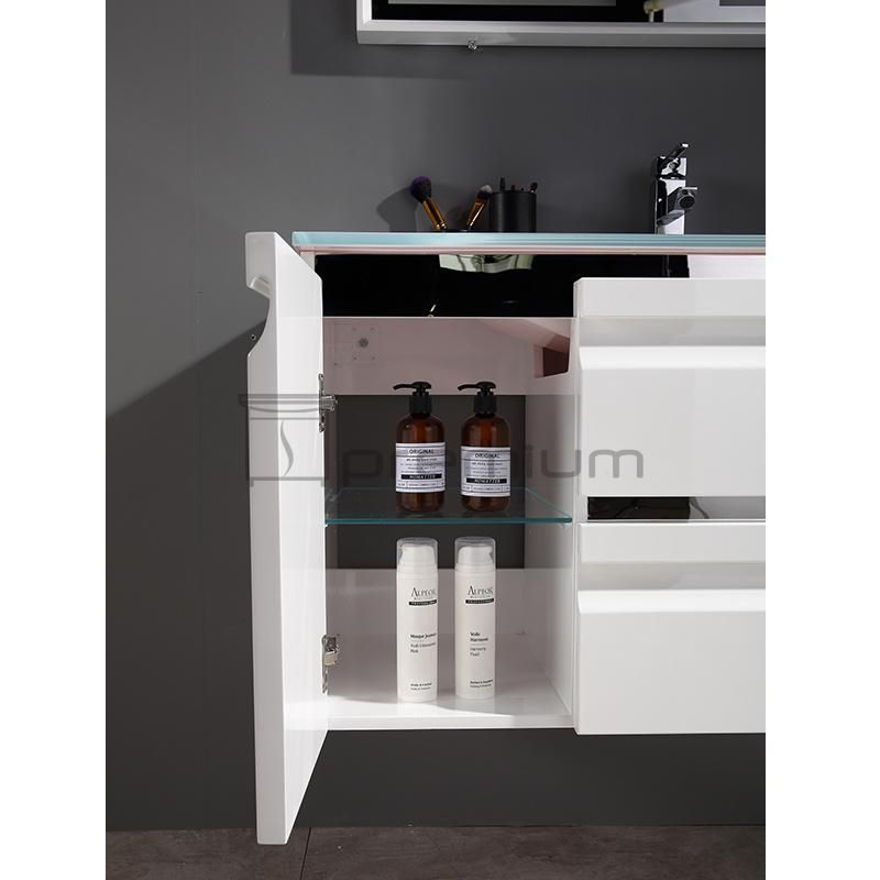 2021 New Style European MDF Cabinet Glass Wash Basin Bathroom Vanity LED Mirror Included