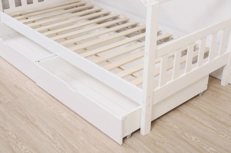 Wooden Kids House Bed Frame, Solid Pine Wood Tree House Style Kids Floor Bed Frame for Toddlers and Children with Drawers