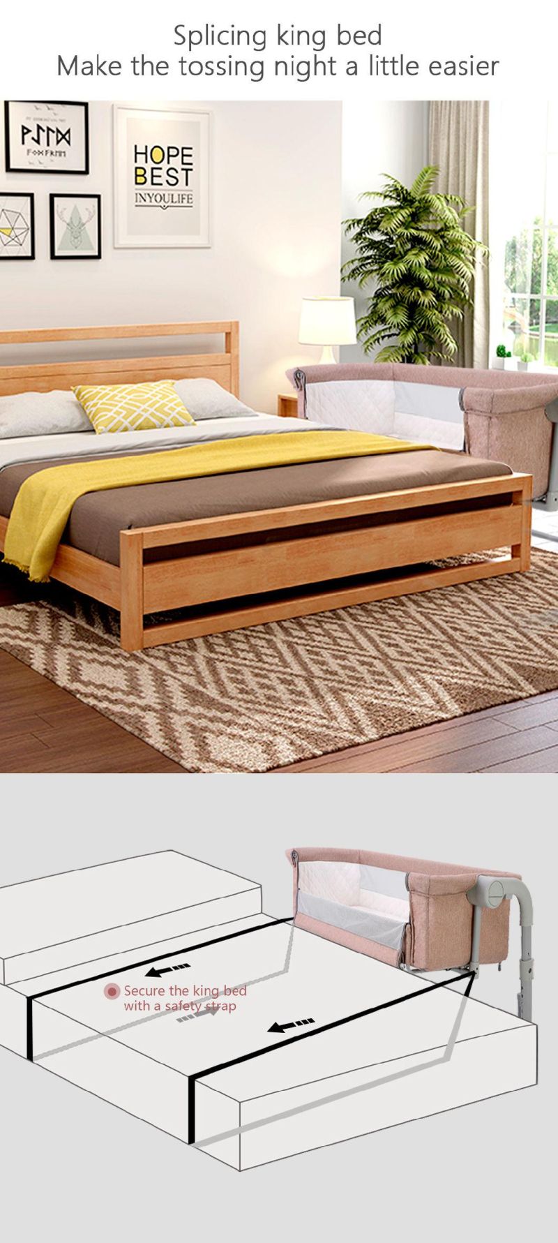 Non-Slip Multi-Function Bed Side Crib with Customized Color Mature Manufacturing Process
