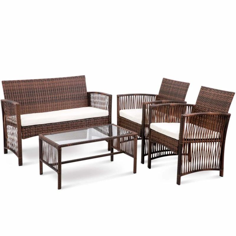 4 PCS Rattan Patio Furniture Set Wicker Conversation Set Garden Lawn Indoor Outdoor Sofa Set Cushioned Seat (Brown)