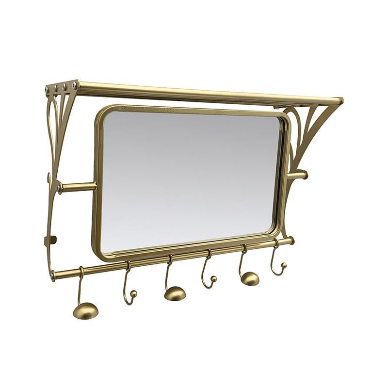 Large Rectangle Golden Metal Framed Wall Mirror with Shelf and Towel Rack for Bathroom Decor