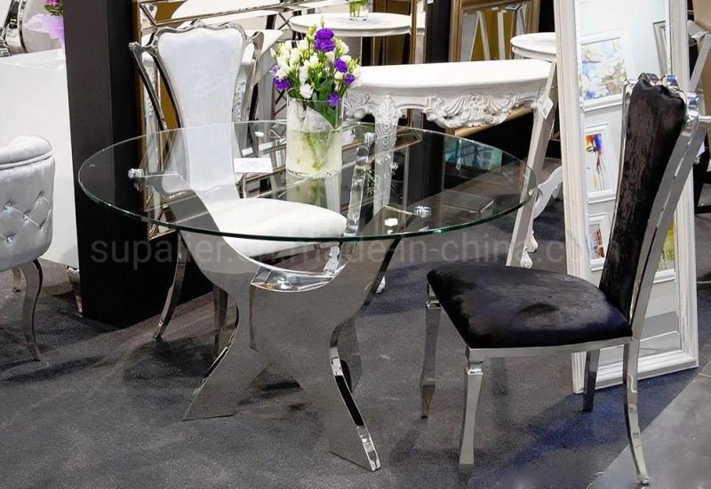 2020 New Designer Round Glass Dining Table with Metal Base