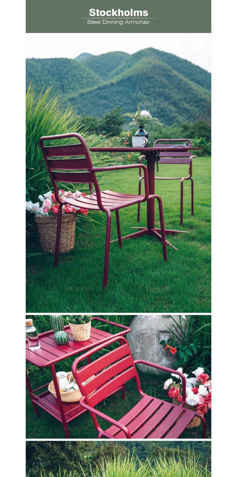 Outdoor and Indoor Durable Red Lounge Chair Metal Stackable Garden Dining Armchair